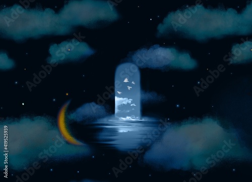 Illustration of Mysterious blue sky beyond an entrance in the night sky 