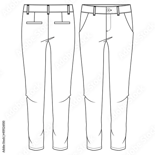 Women Chino Pant fashion flat sketch template. Girls Trousers Technical Fashion Illustration. Slim Fit. Slanted Pockets