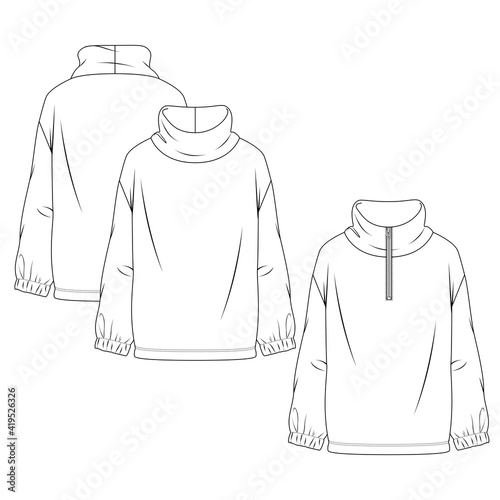 Women Polar Fleece Turtleneck Sweatshirt fashion flat sketch template. Girls Technical Fashion Illustration. Long Sleeves. Zipper Option