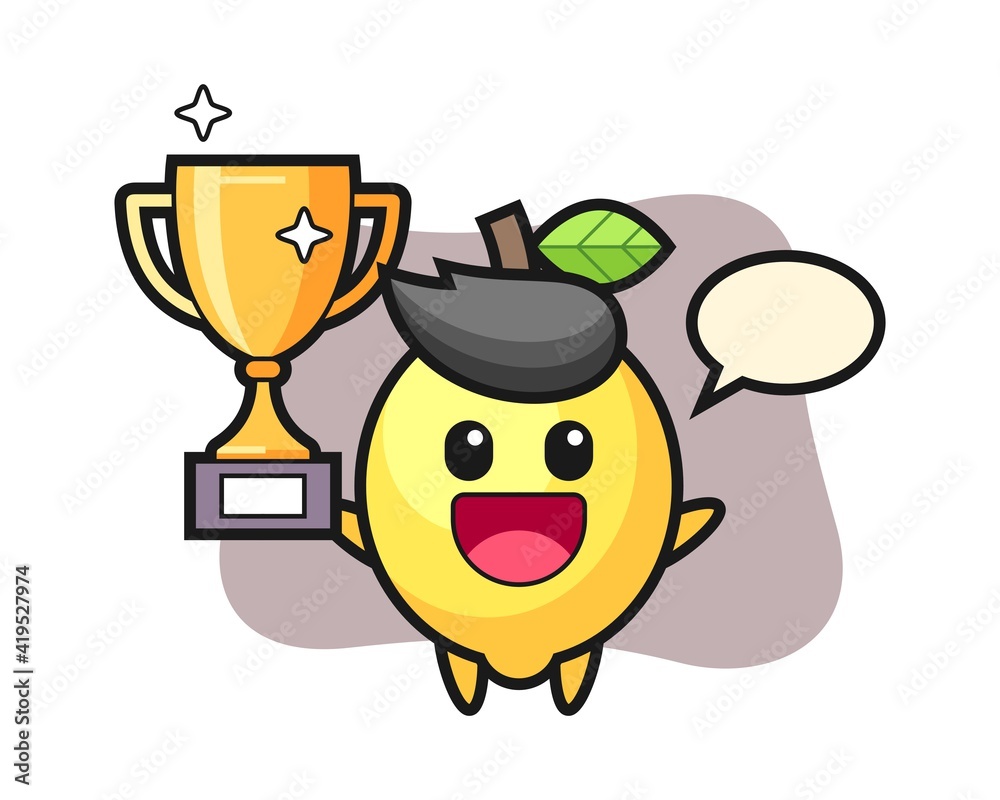 Cartoon illustration of lemon is happy holding up the golden trophy