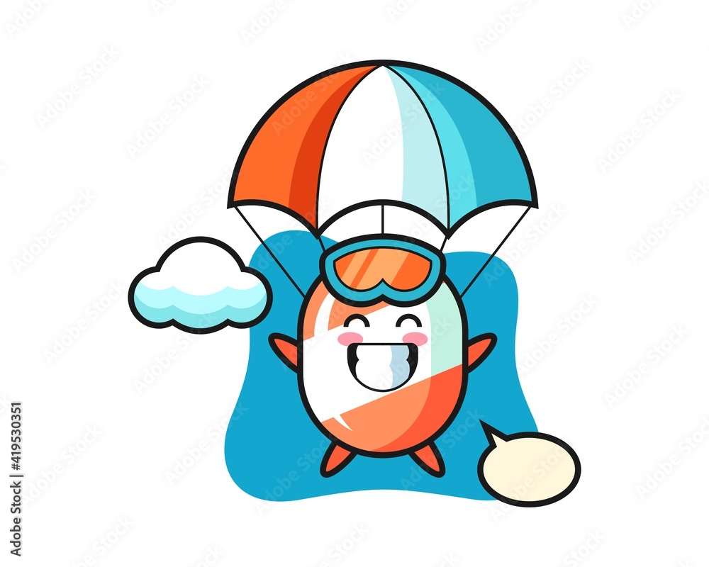Candy mascot cartoon is skydiving with happy gesture