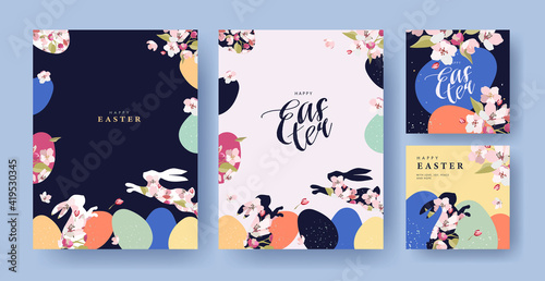 Happy Easter Set of Corporate greeting cards, invitations, holiday covers, posters or flyers design. Trendy Easter design templates with frame made of eggs, rabbits and spring flowers in pastel colors