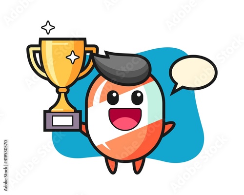 Cartoon illustration of candy is happy holding up the golden trophy