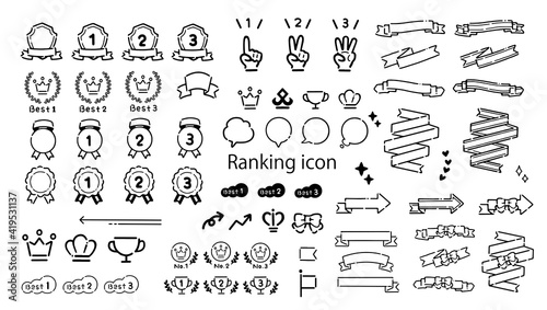 手書き風シンプルで可愛いランキングとリボンのアイコン素材セット