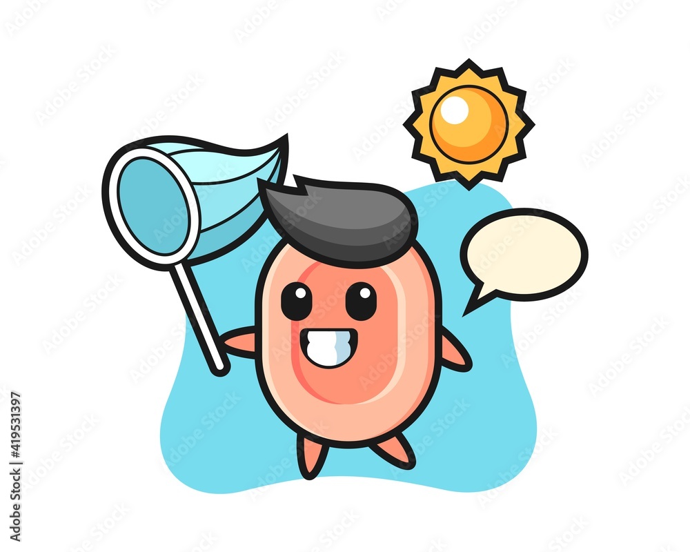 Soap mascot illustration is catching butterfly Soap mascot illustration is catching butterfly