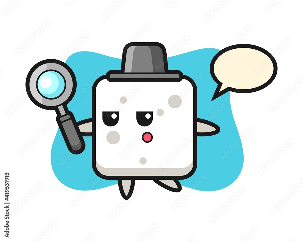 Sugar cube cartoon character searching with a magnifying glass Sugar cube cartoon character searching with a magnifying glass