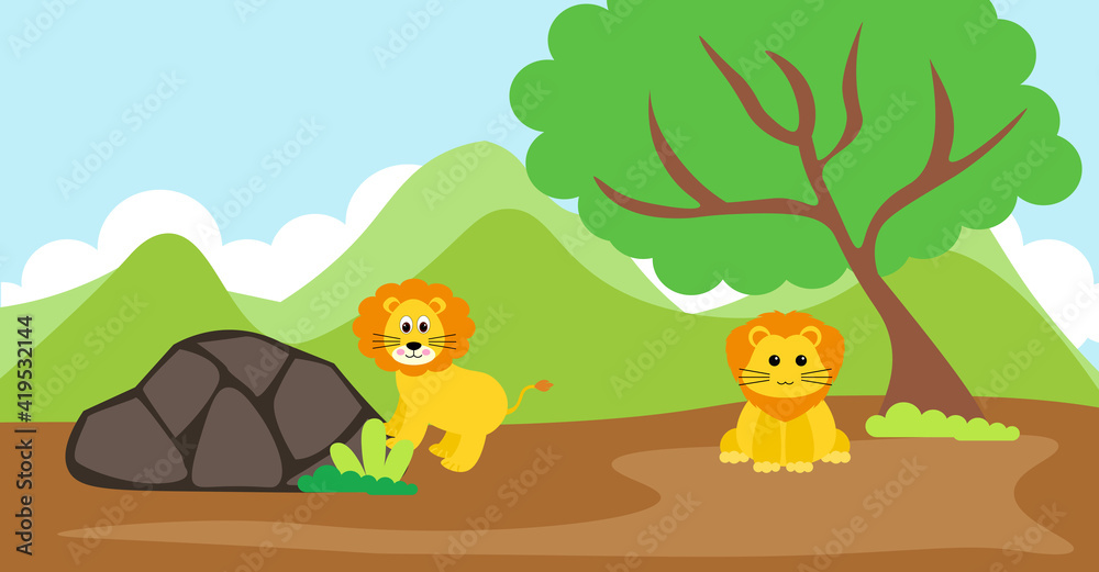 Fototapeta premium Lion Vector Cute Animals in Cartoon Style, Wild Animal, Designs for Baby clothes. Hand Drawn Characters