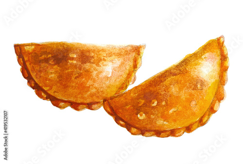 Malay traditional puff called karipap isolated on white background with watercolor illustration. photo