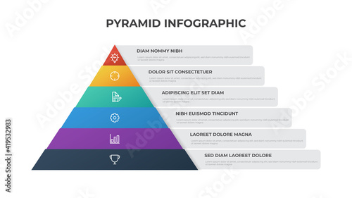 Pyramid infographic template with 6 list, multipurpose layout vector for showing proportional, interconnected, or hierarchical relationships photo