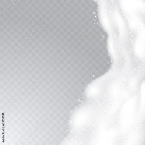 Realistic background with Soap foam. Bath laundry white bubbles, shampoo soap clean bubbling shiny washing hygiene detergent vector. Checkered transparent background