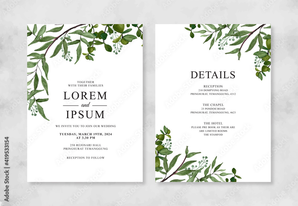 Obraz Minimalist wedding invitation template with Hand painted watercolor foliage