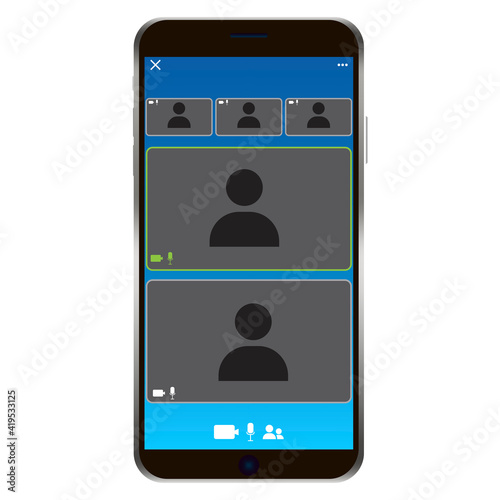 Zoom phone screen. Phone call icon. Smartphone mockup. Camera icon. Web app ui display template. Stock image. EPS 10.