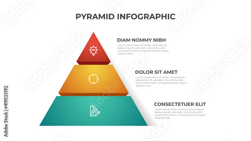 Obraz na plátně Pyramid infographic element template with 3 list and icons, layout vector for presentation, banner, brochure, flyer, report, etc