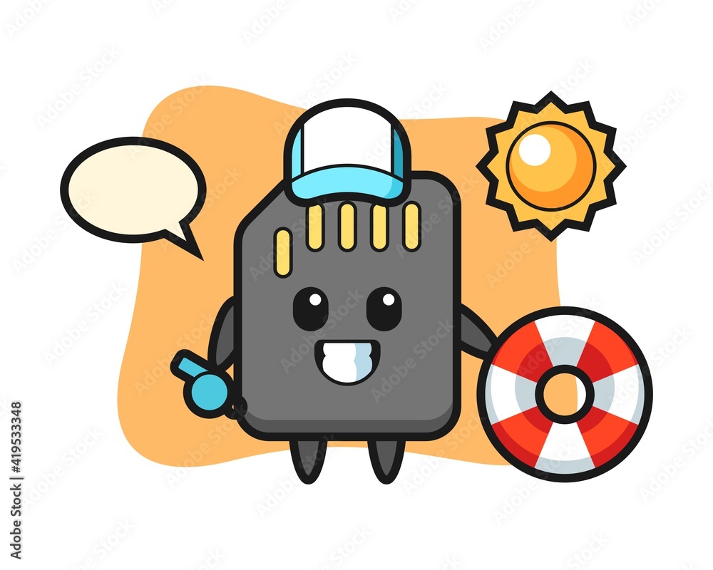 Cartoon mascot of SD card as a beach guard