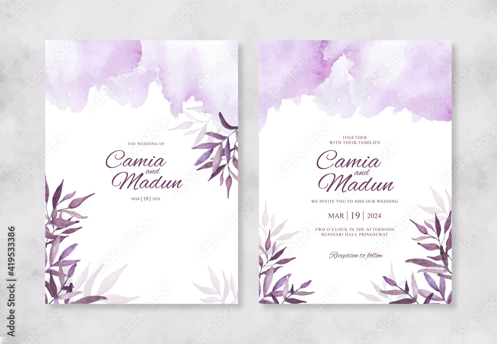 Wedding invitation template with watercolor leaves