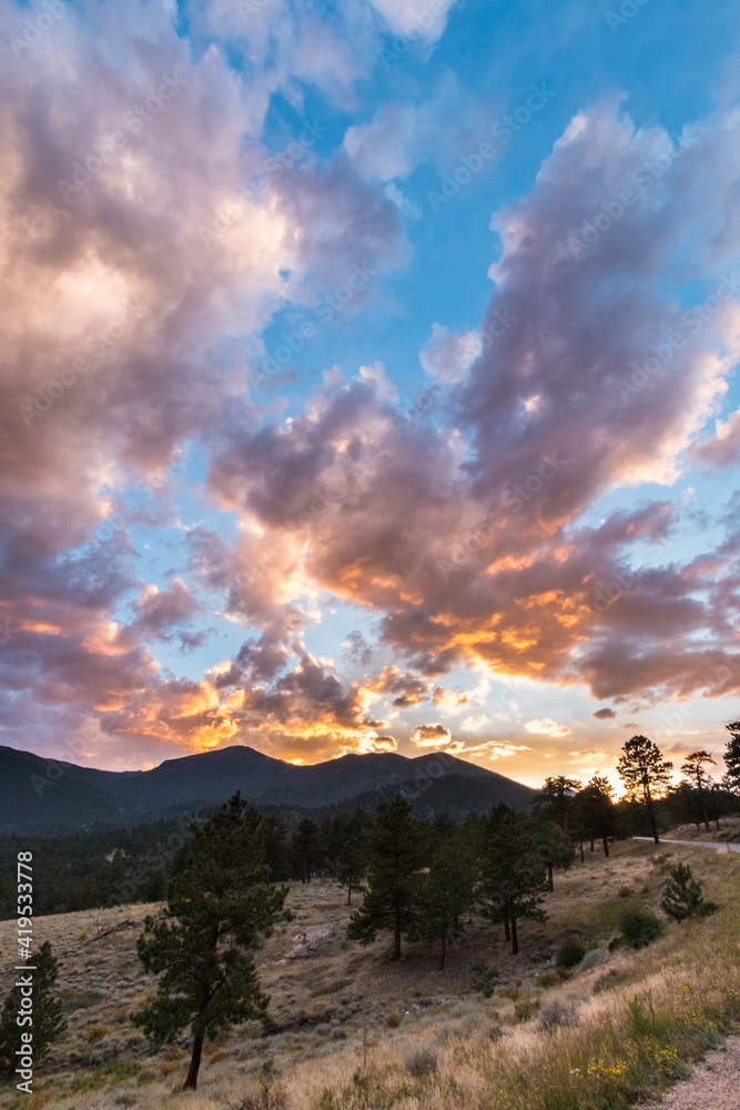 dramatic summer sunset in the Rocky Mountain National Park in Colorado.