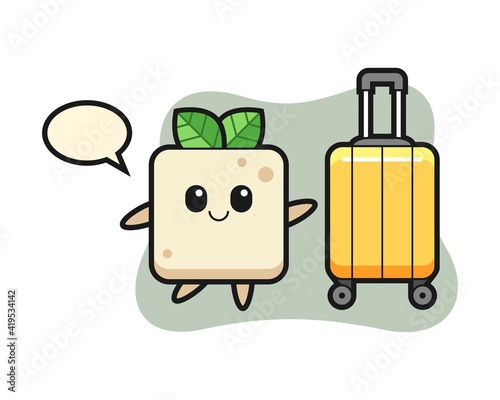 Tofu cartoon illustration with luggage on vacation