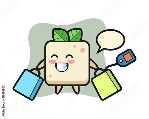 Tofu mascot cartoon holding a shopping bag
