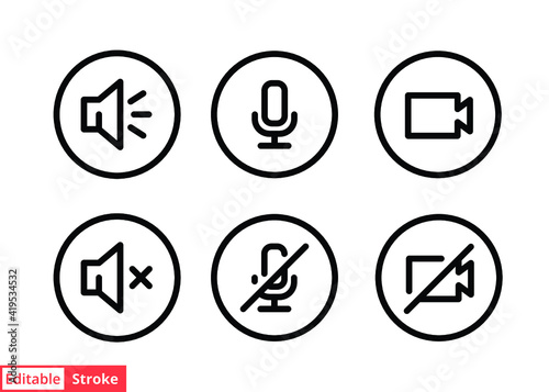 Speaker, Mic and Video Camera line icon set. Simple outline style for Video Conference, Webinar and Video chat. Microphone, audio, sound, mute, off concept. Vector isolated, editable stroke EPS 10.