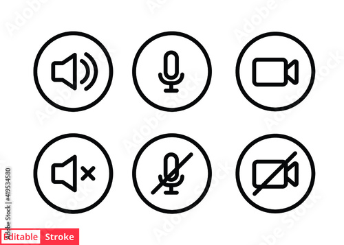 Speaker, Mic and Video Camera line icon set. Simple outline style for Video Conference, Webinar and Video chat. Microphone, audio, sound, mute, off concept. Vector isolated, editable stroke EPS 10.
