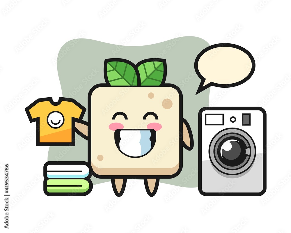 Mascot cartoon of tofu with washing machine Mascot cartoon of tofu with washing machine