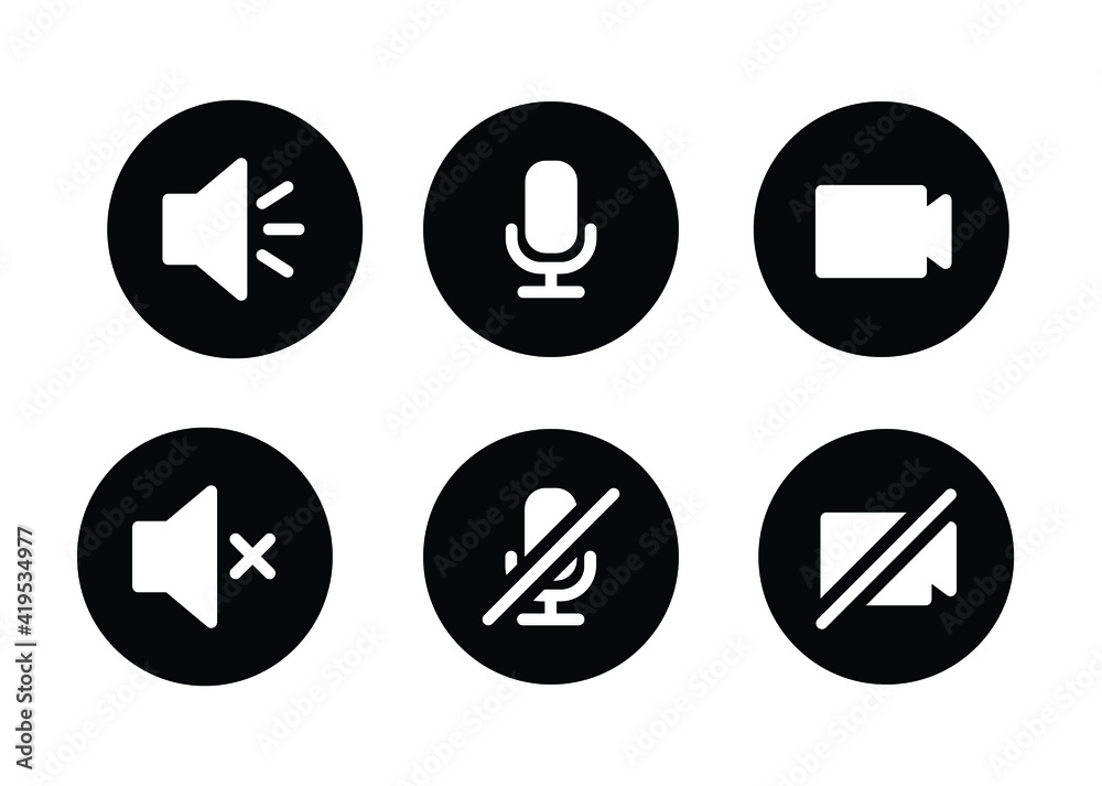 Speaker, Mic and Video Camera glyph icon set. Simple solid style for Video Conference, Webinar and Video chat. Microphone, audio, sound, mute, off concept. Vector illustration isolated. EPS 10. Speaker, Mic and Video Camera glyph icon set. Simple solid style for Video Conference, Webinar and Video chat. Microphone, audio, sound, mute, off concept. Vector illustration isolated. EPS 10.