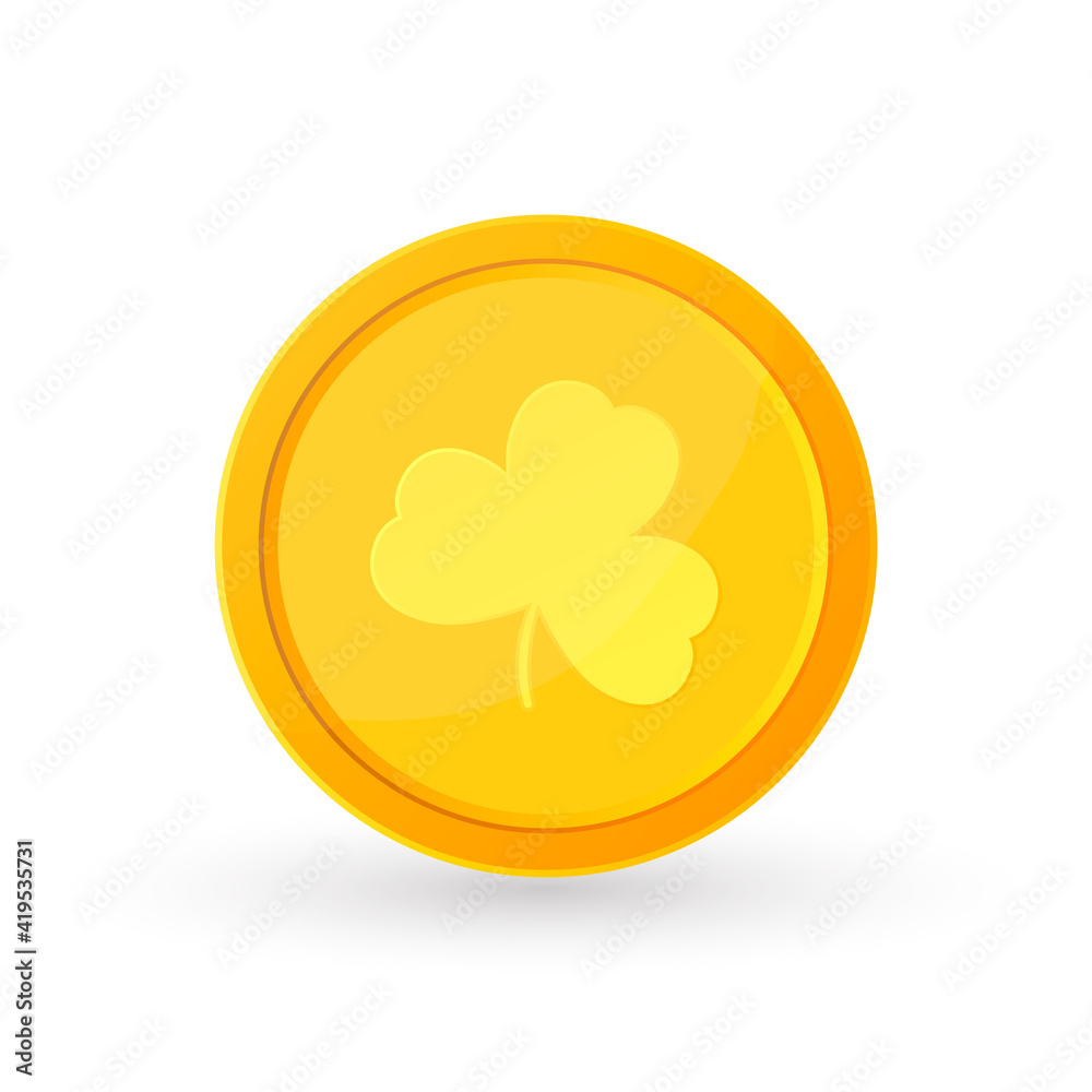 St. Patrick's Day, cartoon gold coin icon with clover, flat graphic design template, game logo, app symbol, vector illustration St. Patrick's Day, cartoon gold coin icon with clover, flat graphic design template, game logo, app symbol, vector illustration