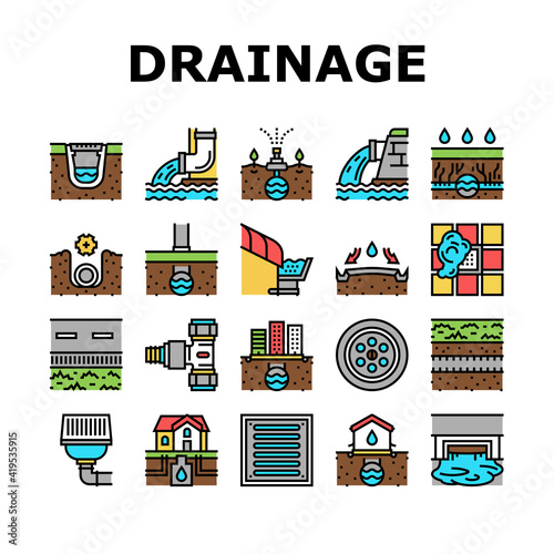 Drainage Water System Collection Icons Set Vector. Road And House, City And Industry Drain System, Bath And Sink Drainage Hole Concept Linear Pictograms. Contour Color Illustrations