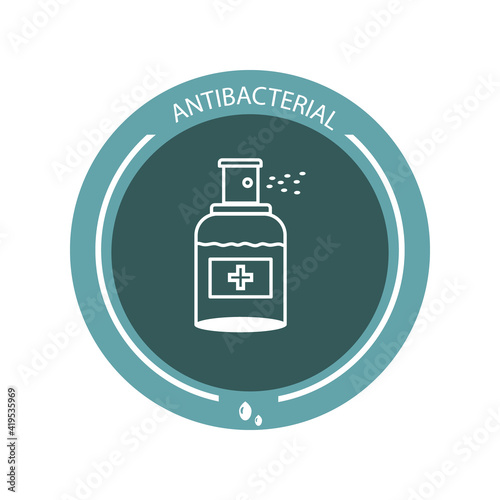 Antibacterial antiseptic for hand washing. Sticker. Spray. Information label, disinfectant. Medical alcohol sprays liquid. Prevention of the spread of bacteria and infection. Vector image.