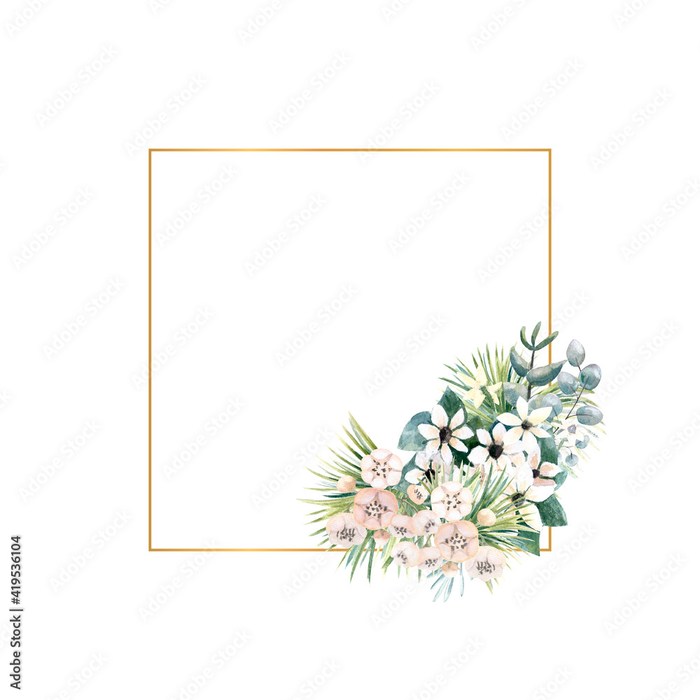 Obraz premium Square gold frame with small flowers of actinidia, bouvardia, tropical and palm leaves. Wedding bouquet in a frame for the design of a stylish invitation. Watercolour illustration.