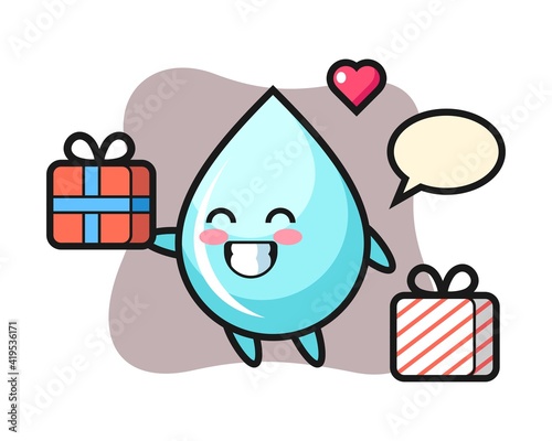 Water drop mascot cartoon giving the gift
