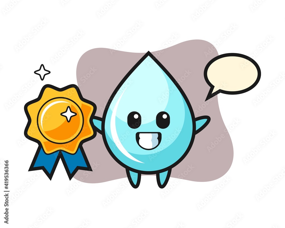 Water drop mascot illustration holding a golden badge