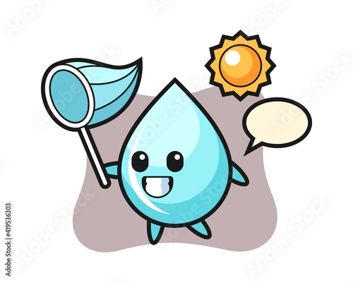 Water drop mascot illustration is catching butterfly