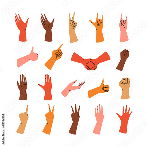 Set of various hand gestures in different skin tones isolated on white background. Hand drawn flat hands icons vector illustration.
