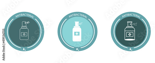 Antibacterial antiseptic for hand washing. Set of stickers. Information label, disinfectant. Medical alcohol sprays liquid. Prevents the spread of bacteria and infections. Vector image.