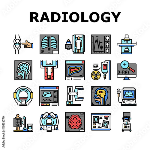 Radiology Equipment Collection Icons Set Vector. Mri And Ultrasound, Ct Scan And Fluoroscope Radiology Hospital Medical Device Concept Linear Pictograms. Contour Color Illustrations