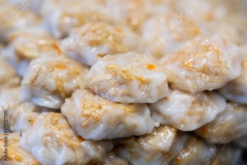Close up of Leek Stuffed Dough, Steamed Chinese Leek Dumpling, thai street food market