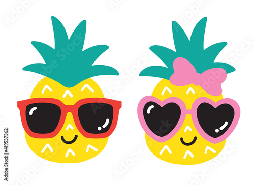 Vector illustration of cute boy and girl summer pineapple with heart shaped sunglasses.