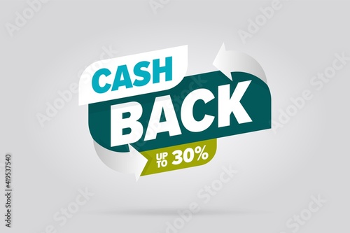 Three-dimension cash back up to 30 percent sale template. Refund and money return after shopping special offer commerce financial deal vector illustration isolated on white background