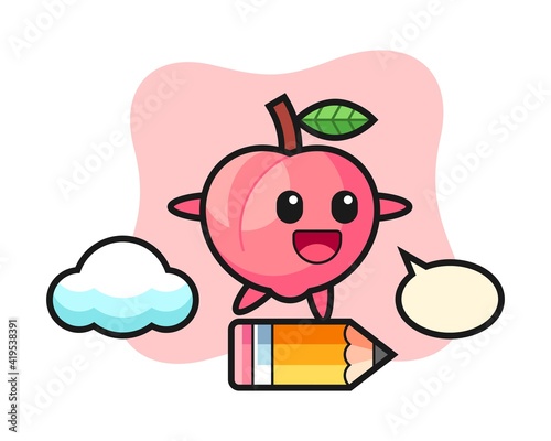 Peach mascot illustration riding on a giant pencil