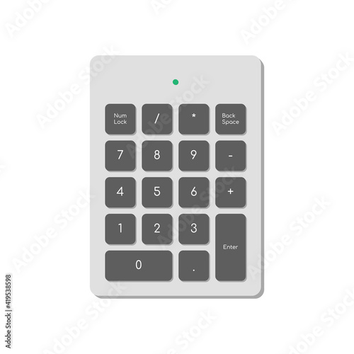 Wireless numeric keypad for computer simplified only with numbers and power indicator. A modern image of a computer keyboard. Flat vector illustration