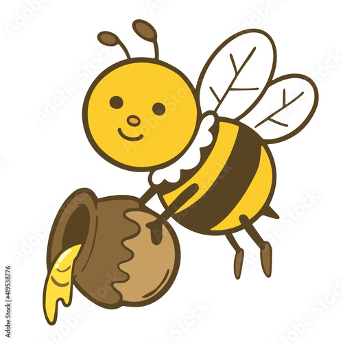 Illustration of a cute bee character holding a jar of honey. Vector illustration on white background.