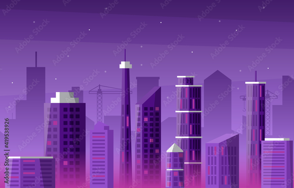 Night City Building Construction Cityscape Skyline Business Illustration