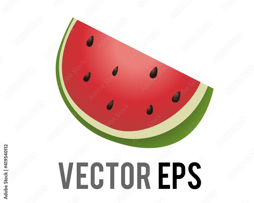 Slice of vector red watermelon icon, showing red pink flesh, black seeds and green rind. Slice of vector red watermelon icon, showing red pink flesh, black seeds and green rind.