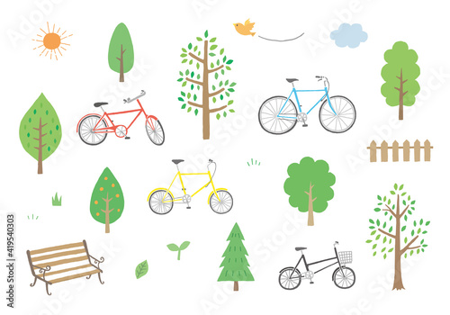 自転車と木とベンチの手描きイラスト