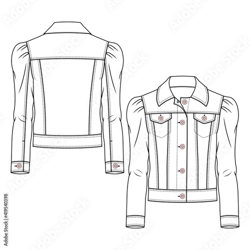 Girls Denim Jacket fashion flat sketch template. Teen Jeans Coat Technical Fashion Illustration. Woven CAD. Puff Sleeves