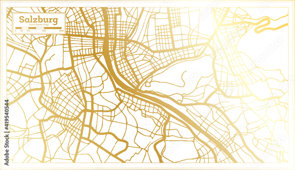 Salzburg Austria City Map in Retro Style in Golden Color. Outline Map.