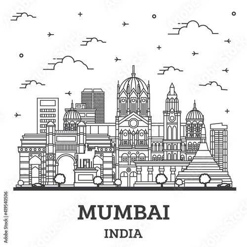 Outline Mumbai India City Skyline with Historic Buildings Isolated on White.