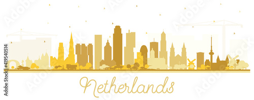 Netherlands Skyline Silhouette with Golden Buildings Isolated on White.