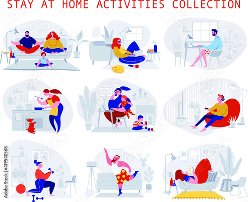 Collection of daily life or everyday routine scenes. Quarantine, stay at home concept series - people, families sitting at their home, room or apartment, practicing yoga, enjoying meditation, relaxing